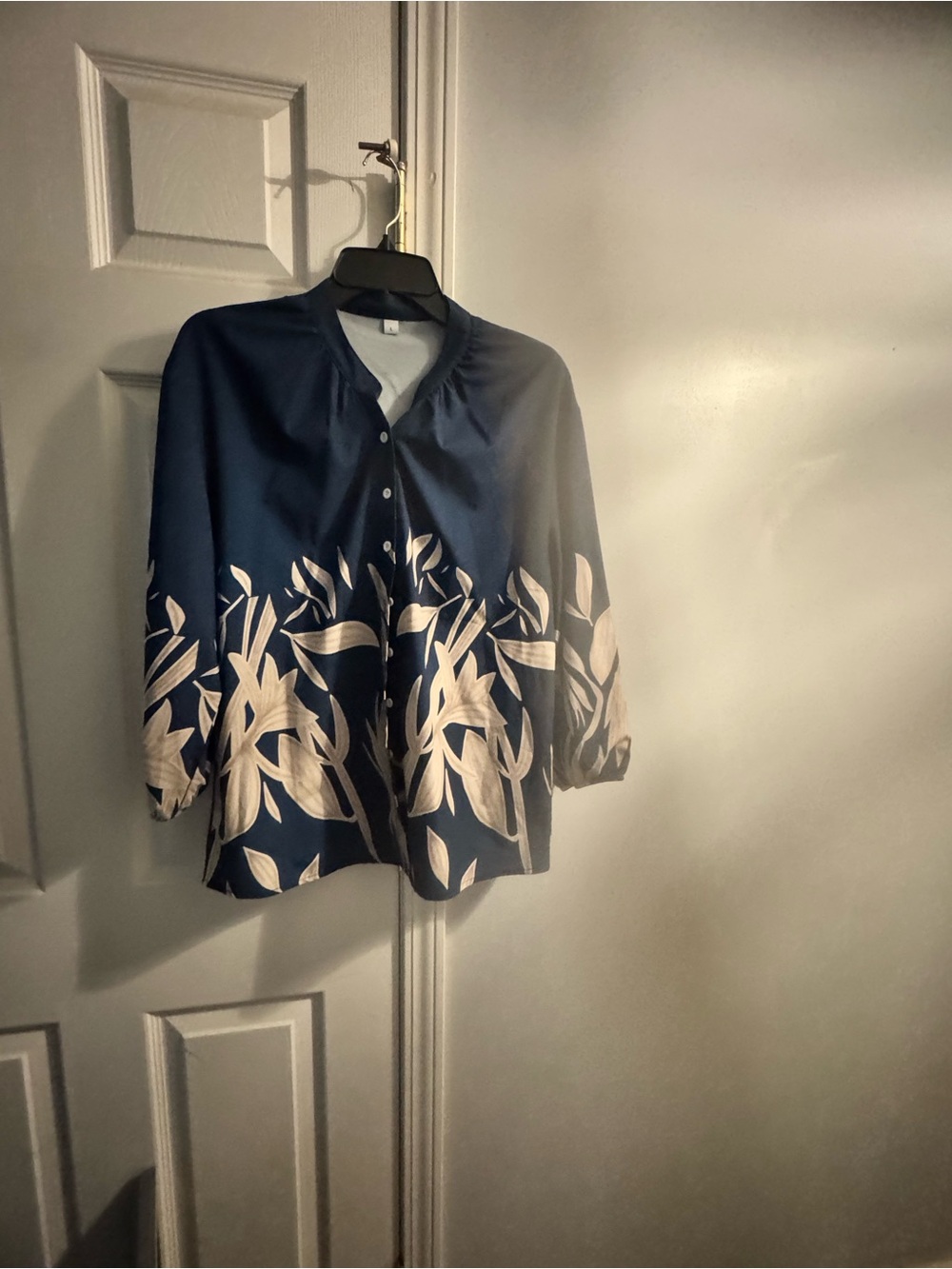 Navy Blue Button-Down Blouse with White Leaf Print